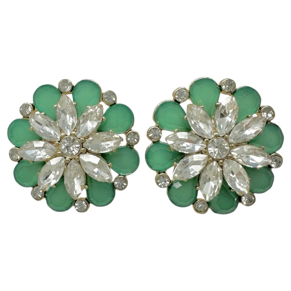 Mint Green Flower Large Statement Stud Fancy Rhinestone Earrings